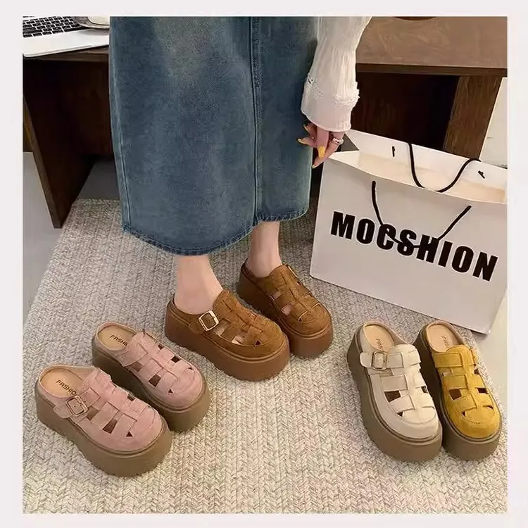 厚底松糕增高一脚蹬勃肯半拖鞋女春夏外穿2025新款镂空时尚包头拖