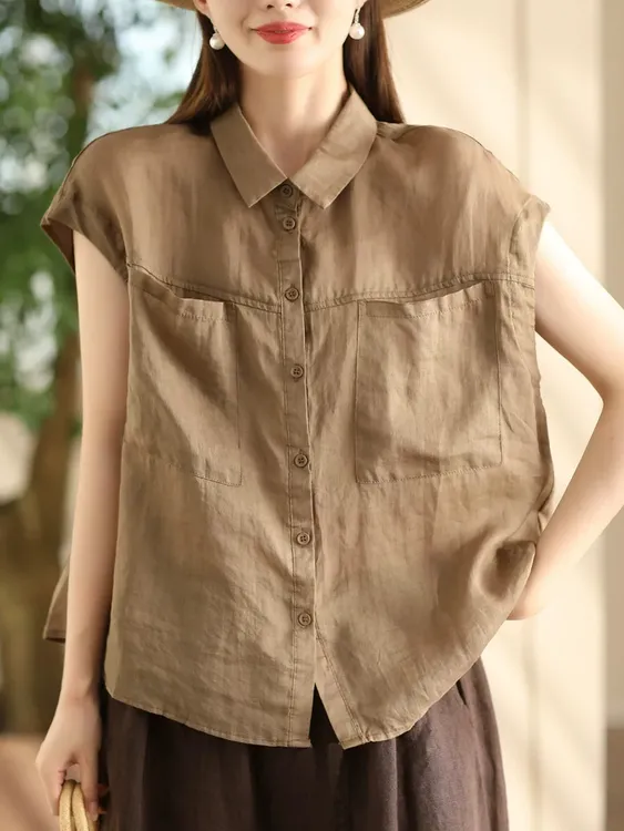 【瑜妹妹】双口袋苎麻坎肩-显瘦衬衫气质翻领短袖衬衣气质开衫上衣