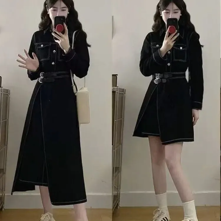 2025秋季新款大码女黑色牛仔收腰显瘦一片式不规则下摆连衣裙6153