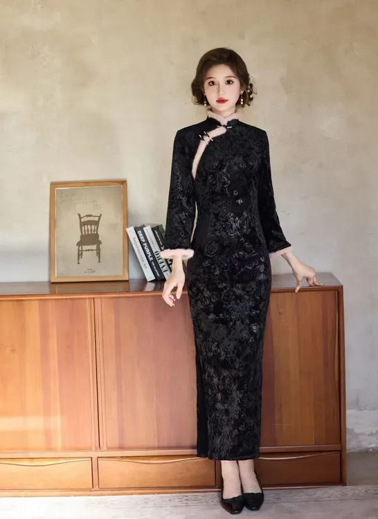 C冬季新款国风新中式改良加绒加厚丝绒印花日常修身显瘦旗袍