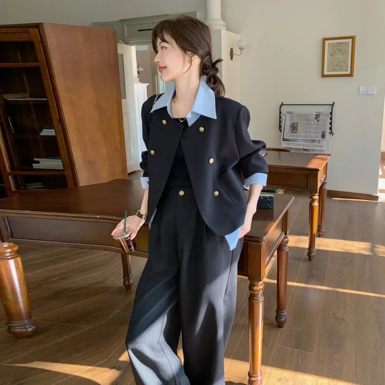撞色拼接假两件上衣直筒裤套装女秋季2025新款设计感小个子两件套