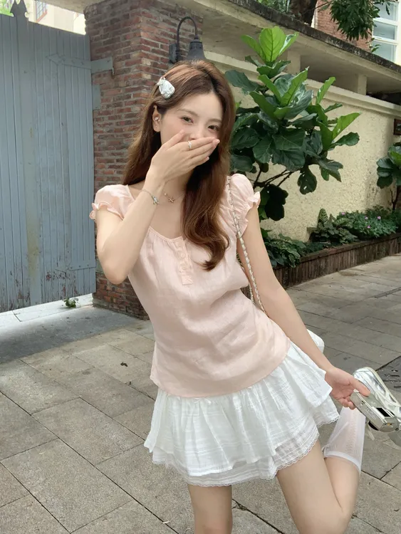 韩系甜美纯欲樱花粉方领衬衫短袖夏季新款收腰气质小众设计上衣