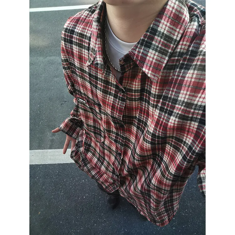 美式复古红黑格子衬衫男长袖叠穿内搭打底情侣高级感格纹衬衣外套