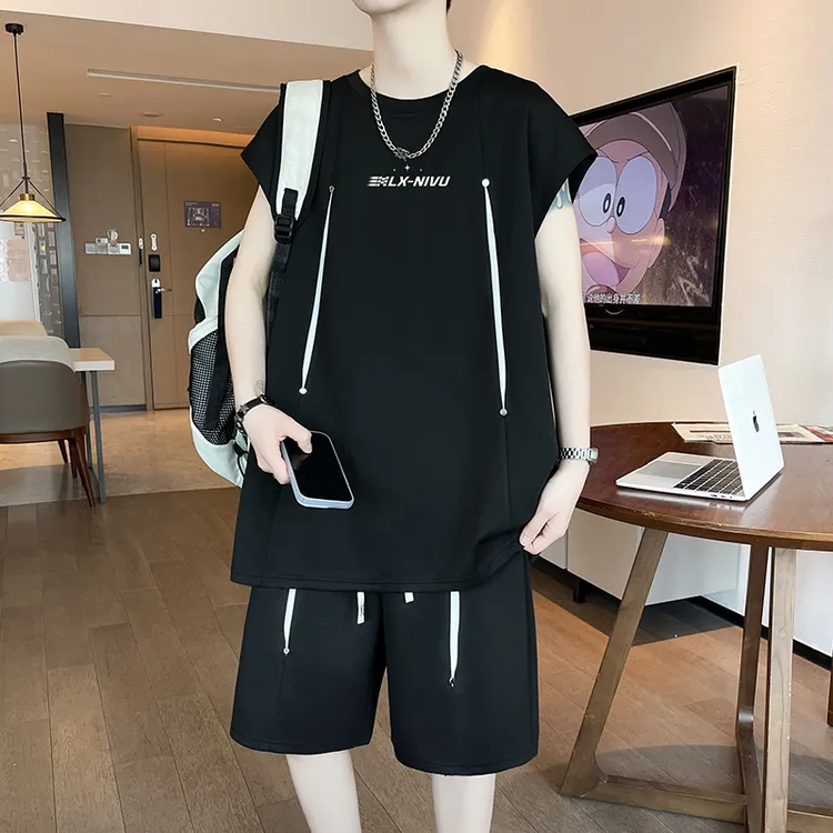 休闲运动套装男生无袖t恤夏季2025新款帅气潮流背心短裤男两件套
