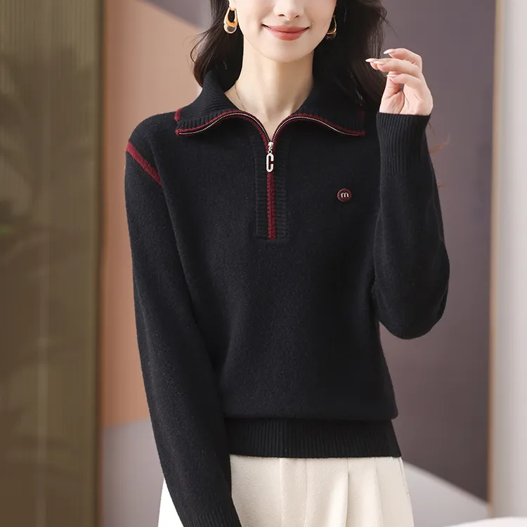 翻领字母毛衣时尚半拉链洋气针织上衣2025新款秋冬打底衫宽松百搭