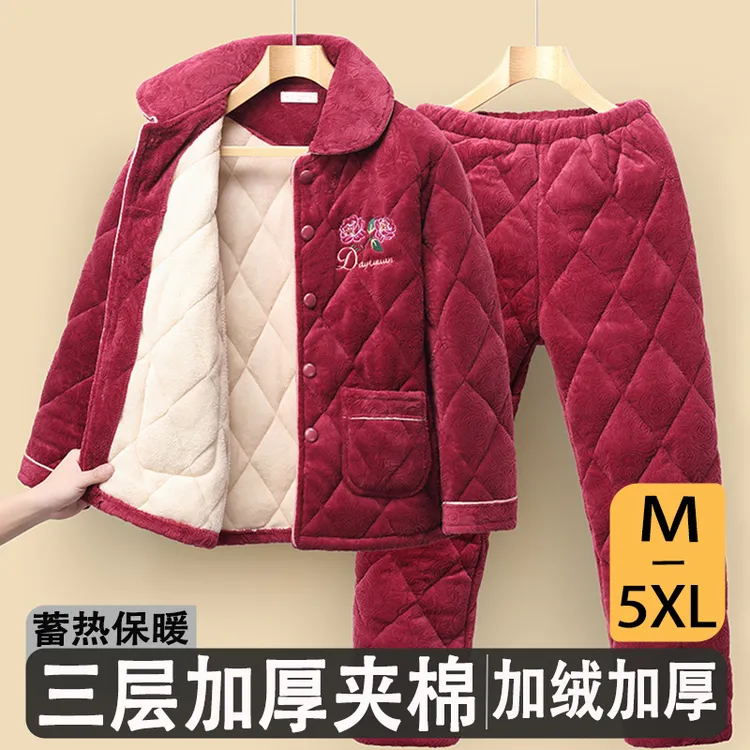 睡衣女冬季加厚加绒珊瑚绒三层夹棉保暖中老年妈妈装家居服秋冬款