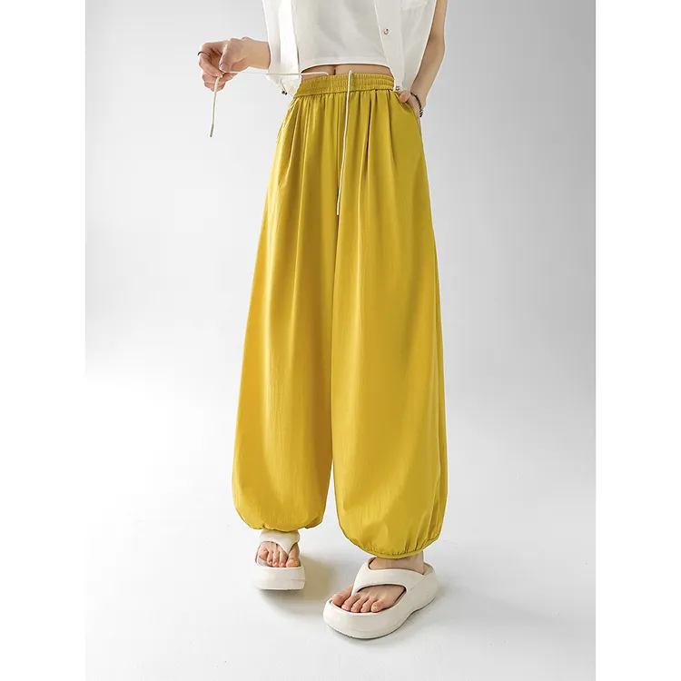 纯色松紧腰抽绳速干休闲阔腿裤女薄款2025夏季新款宽松束脚直筒裤