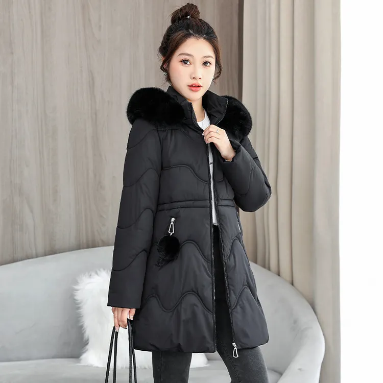 女士棉衣中长款2024冬季新品休闲洋气收腰修身棉服加厚毛领外套潮