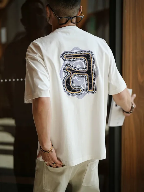 港风潮牌字母刺绣印花圆领短袖T恤男夏季时尚新款宽松百搭打底衫