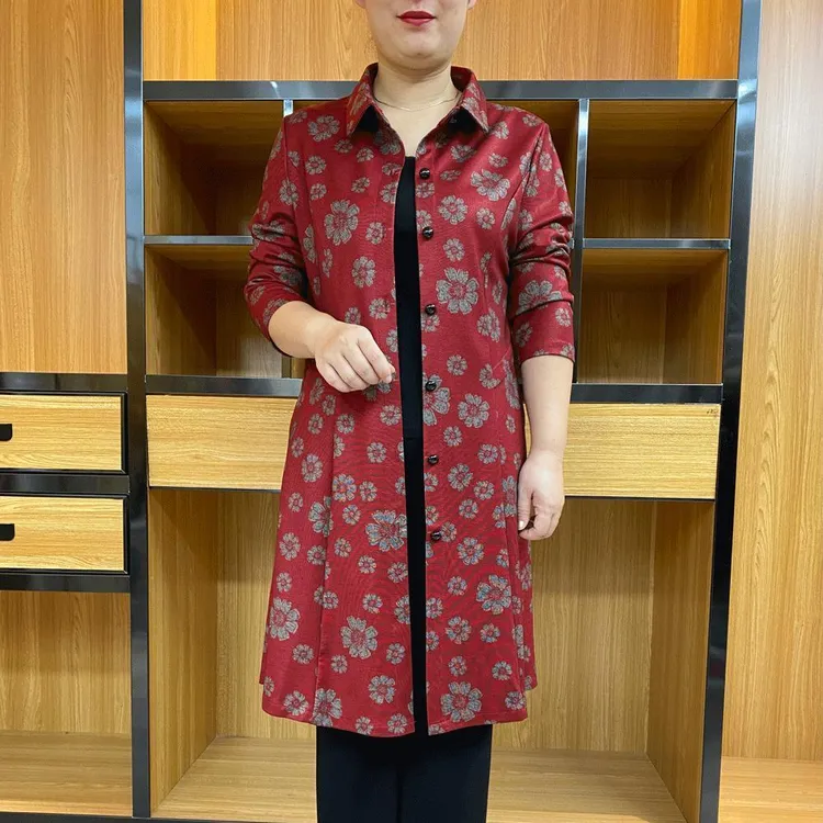 2025秋季新款花色中长款风衣印花显瘦polo领高档大衣外套中年妈妈