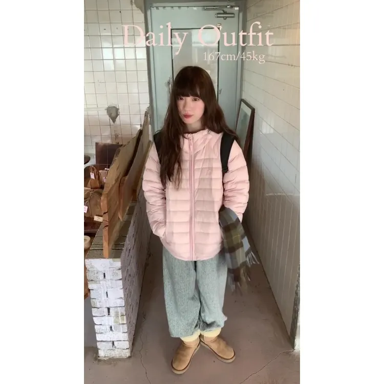 MARIE.COCO秋冬简约粉色排骨保暖棉服外套搭宽松休闲牛仔裤潮流装