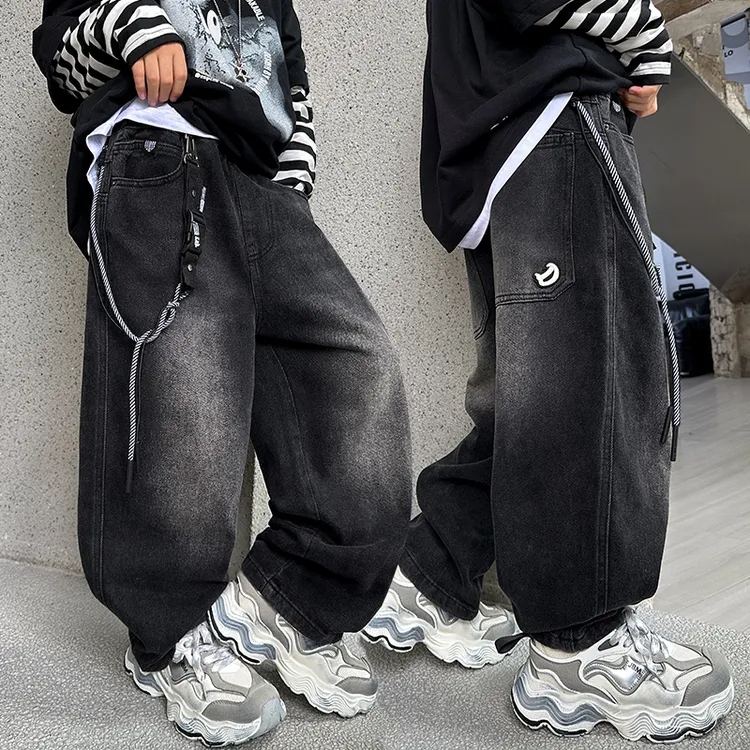 男童春秋牛仔裤2025新款中大童秋季炸街宽松直筒裤韩版痞帅阔腿裤