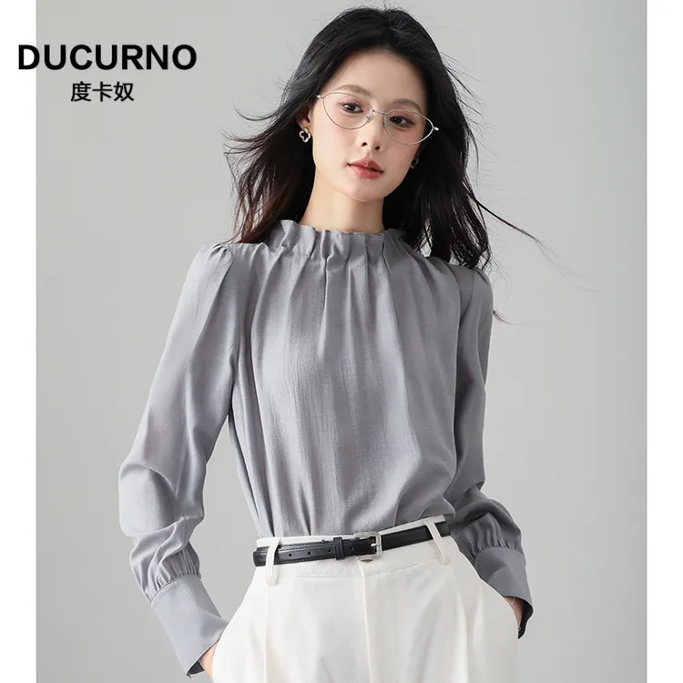 法式百搭花边领2025春秋新款职场通勤气质长袖上衣优雅高级灰衬衫