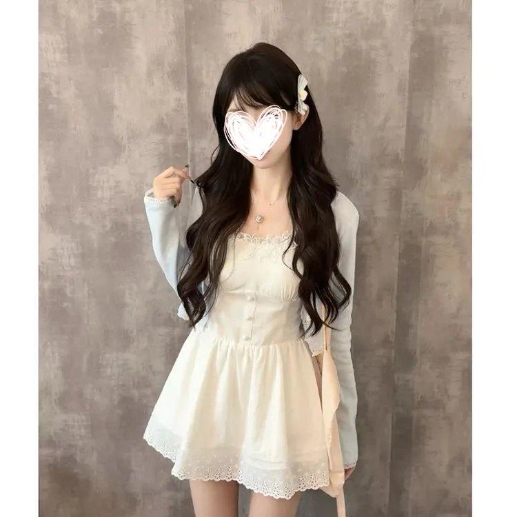 【鸢尾雾蓝】甜美少女风修身显瘦短款吊带裙加开衫学院风两件套装