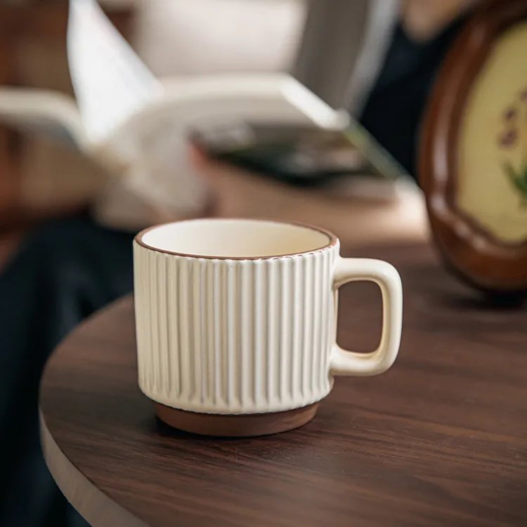 小悠家【哑光质感杯子】复古创意竖纹陶瓷咖啡杯套筒情侣水杯家用