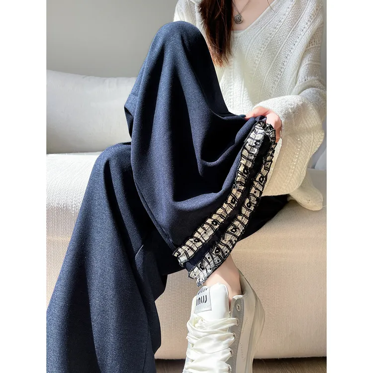 软牛仔阔腿裤女秋季小个子高腰显瘦宽松直筒垂感木耳边拖地裤洋气