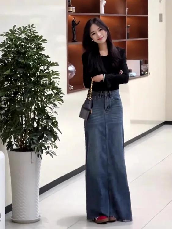 韩系高腰水洗大摆加长牛仔裙2025年秋季新款胖MM百搭显瘦半身裙