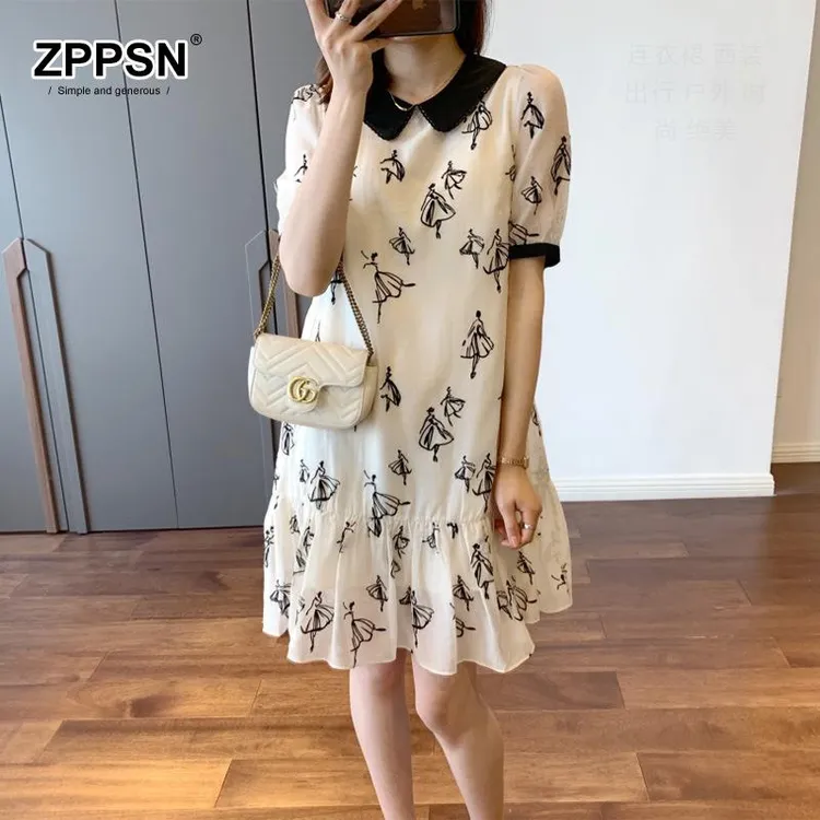 ZPPSN/2025新款法式复古小个子印花裙子女夏季显瘦休闲宽松娃娃领