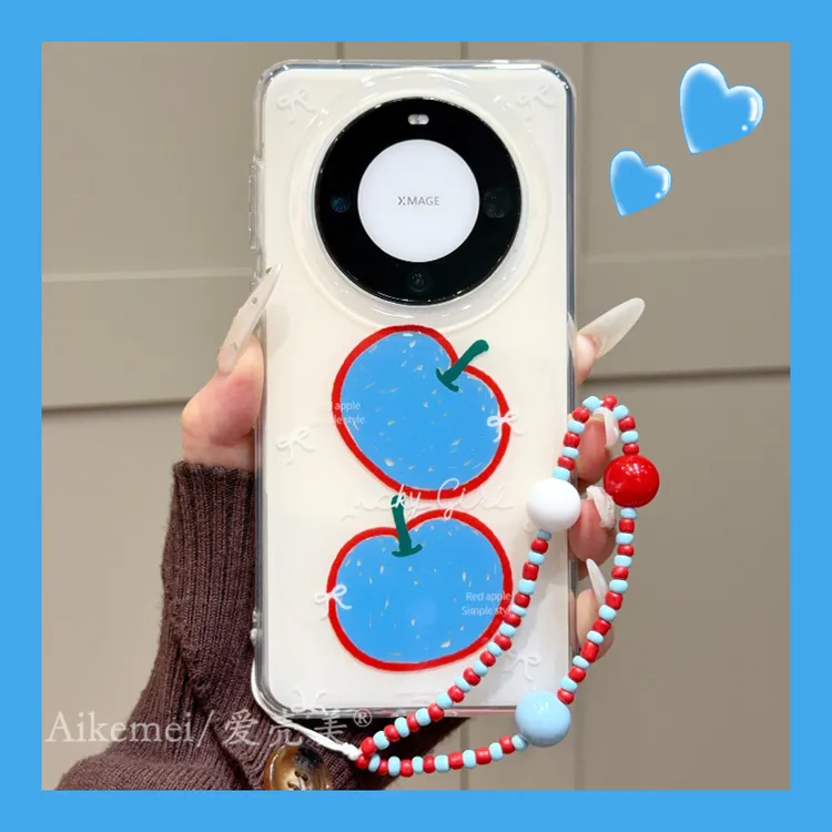 适用华为mate70pro+手机壳韩系小众英文Mate60pro+涂鸦蓝苹果链条