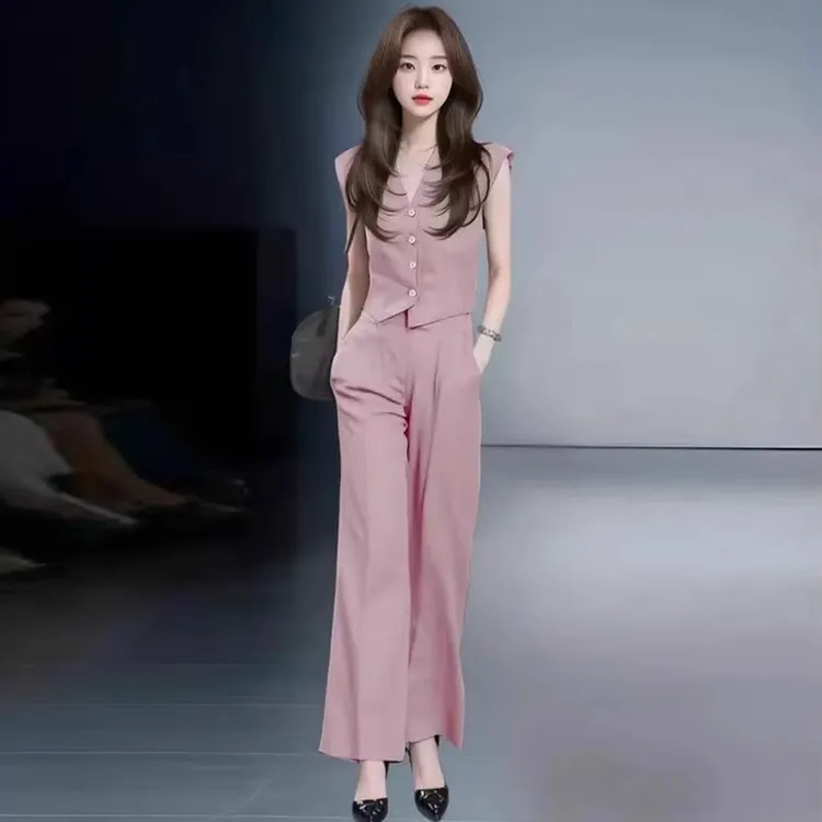 拉夏贝尔时尚套装2025年夏季新款洋气质减龄V领上衣阔腿裤两件套