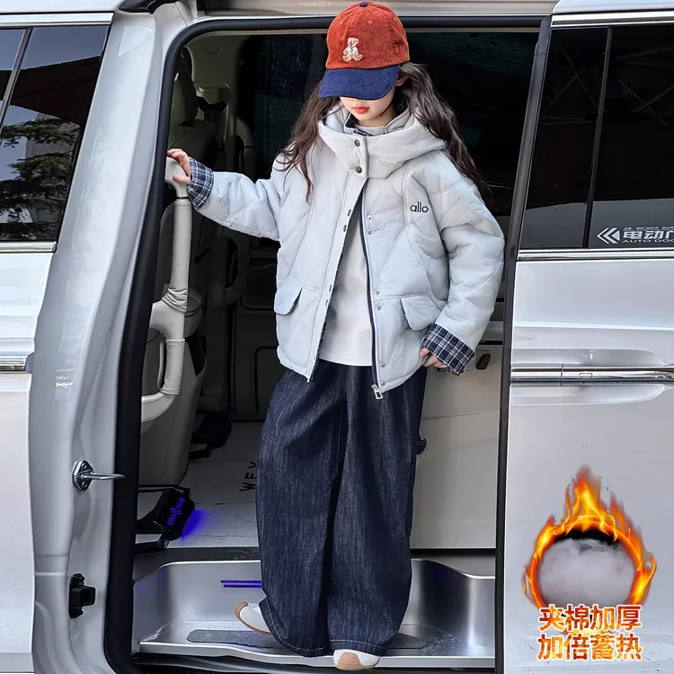 女童外套秋冬装2025新款洋气初中生加绒加厚夹克棉服儿童冬季上衣