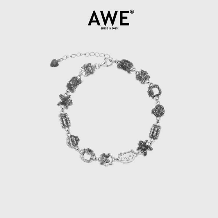 AWE 925银手链 可爱姜饼人小熊银手串女生复古做旧小众情侣款饰品