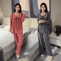 2025秋季韩版长袖套头家居服女大码宽松纯色休闲睡衣睡裤潮流