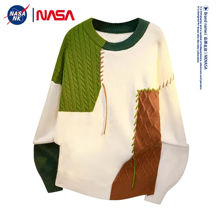 NASA联名秋冬季保暖拼接撞色加厚毛衣男款宽松痞帅青少年针织上衣