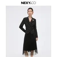 【晨粉专享价】25秋季拼接网纱假两件印花波点干练利落西装裙女