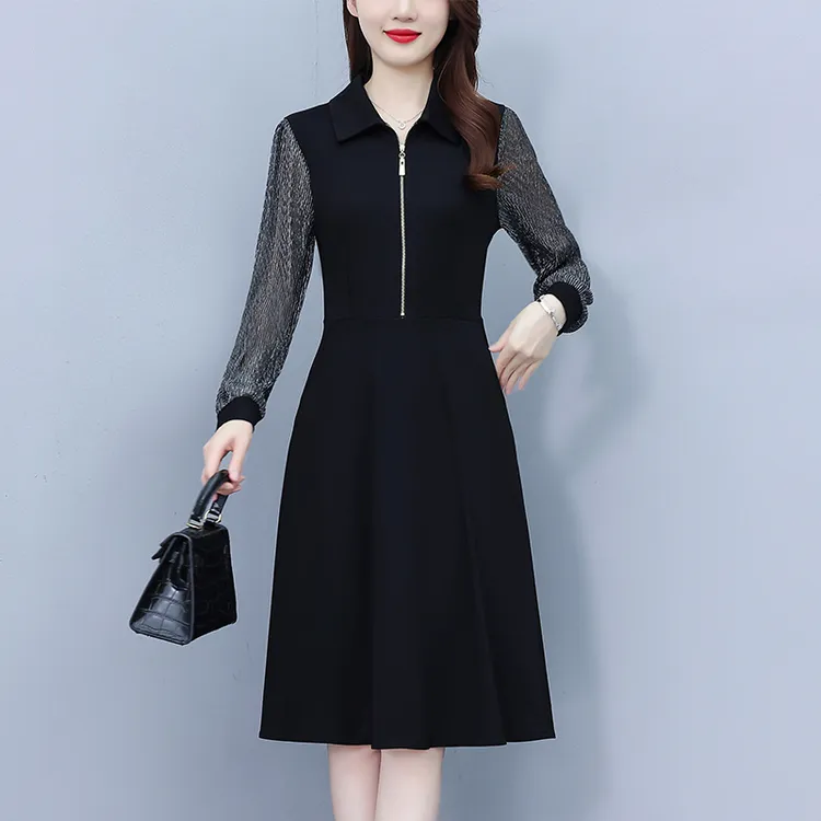 春秋新款时尚大码气质妈妈装修身显瘦翻领优雅遮肚连衣裙256036