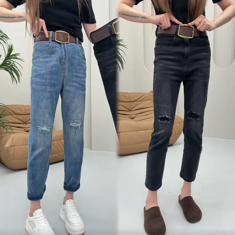 2025春新欧货时尚高腰显瘦破洞休闲牛仔直筒裤小个子九分烟筒裤潮