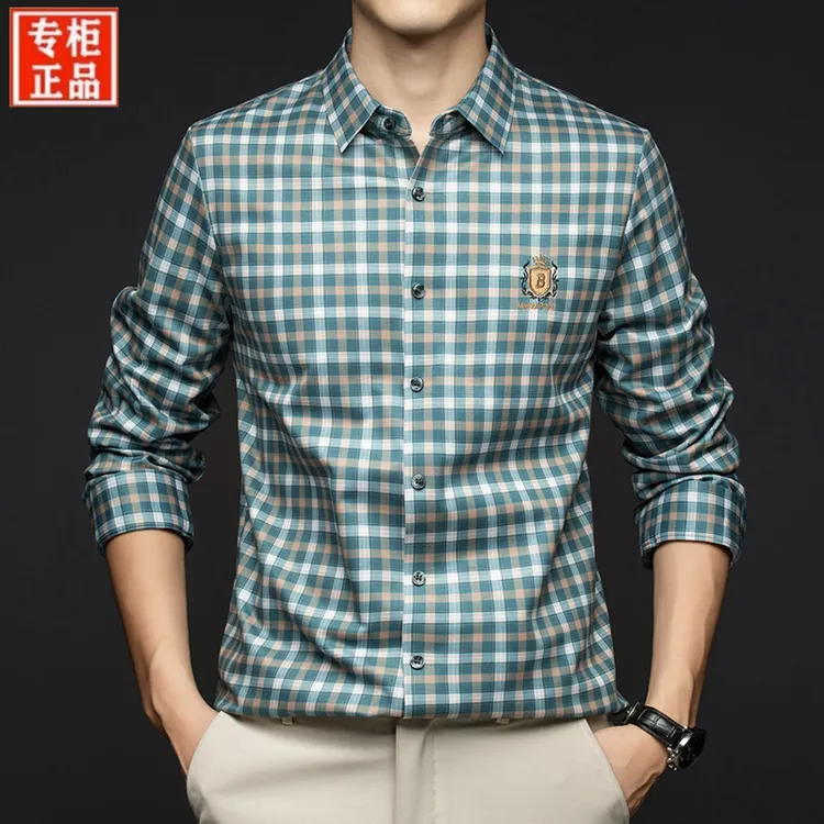 专柜同款春秋季男士长袖衬衫高端品牌无痕刺绣商务休闲格子衬衣