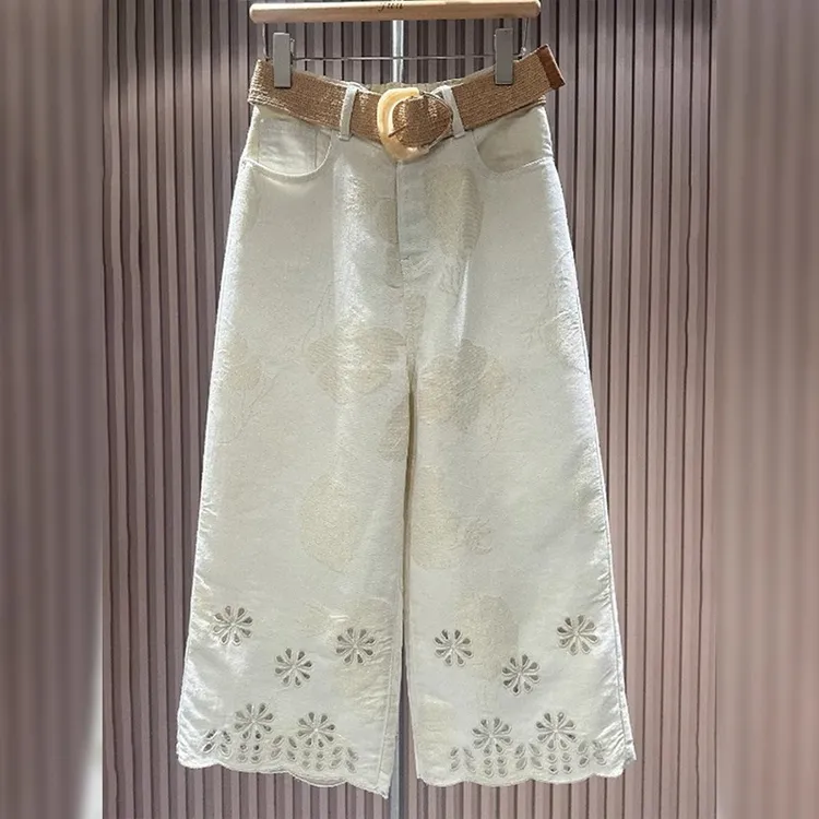 欧货镂空金线提花镂空八分牛仔裤女夏薄款大码胖mm高腰宽松阔腿裤