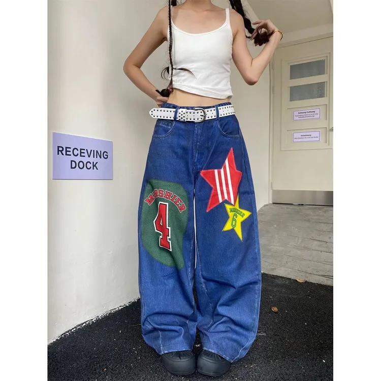 美式设计感星星数字贴布印花牛仔裤男女新款小众阔腿宽松拖地长裤