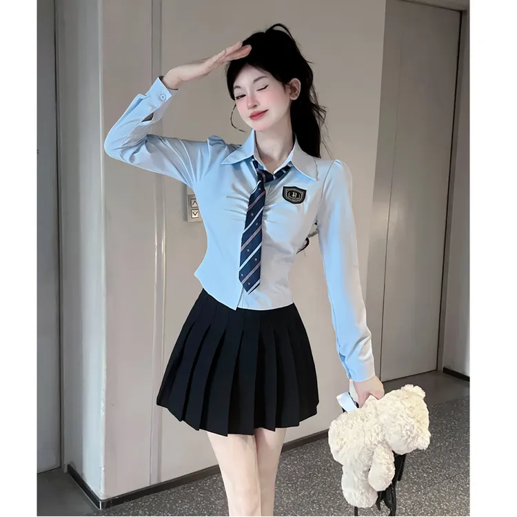 纯欲收腰蓝色领带衬衫长袖上衣高腰百褶半裙秋季jk制服学院风套装