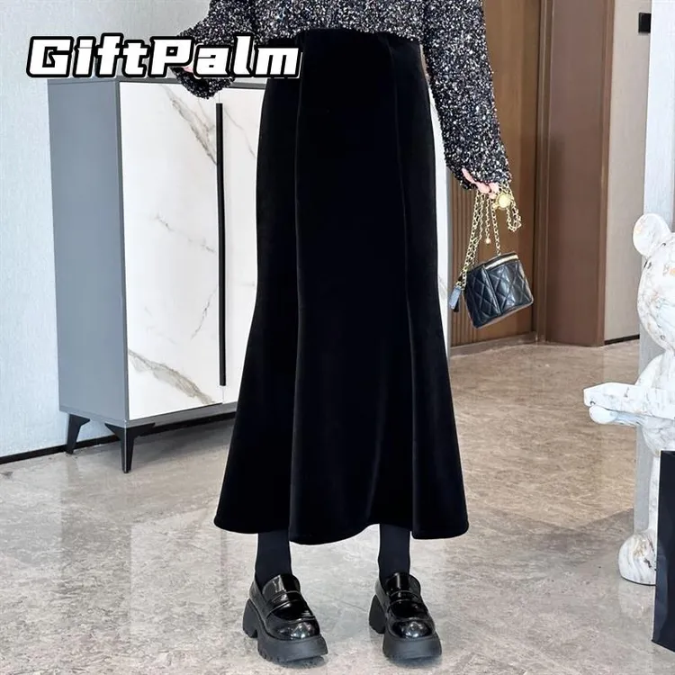 GiftPalm高腰丝绒半身裙女秋季新款胖MM高级感气质步步生莲鱼尾裙