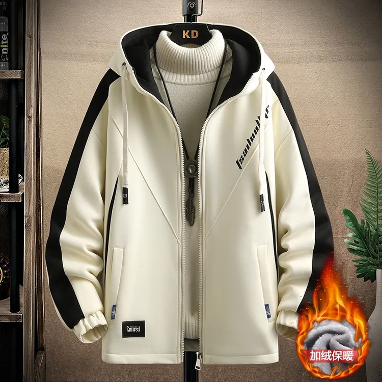 男士大码连帽男冬季流光风春秋加绒男夹克本布下摆学院风保暖外套