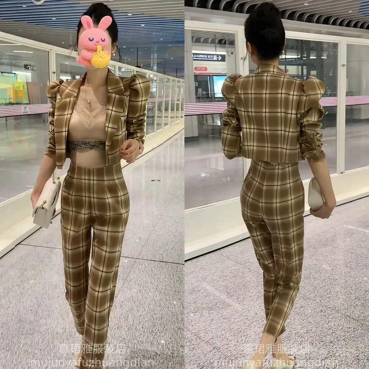 小个子时髦格子西服套装女2025春季新款泡泡袖显瘦短外套+小脚裤