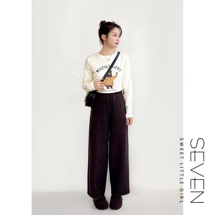 ⑦七七146小个子双面绒感设计感印花长袖T恤女冬季打底衫小美说