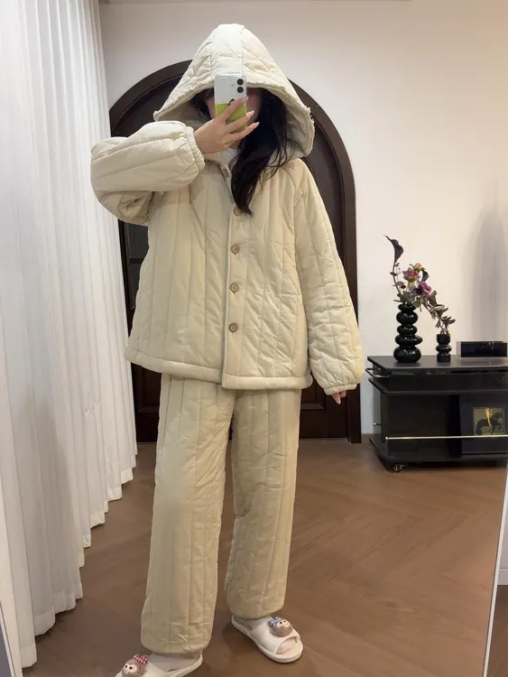 大码简约连帽夹棉睡衣冬季女款2025新款加绒加厚可外穿家居服套装