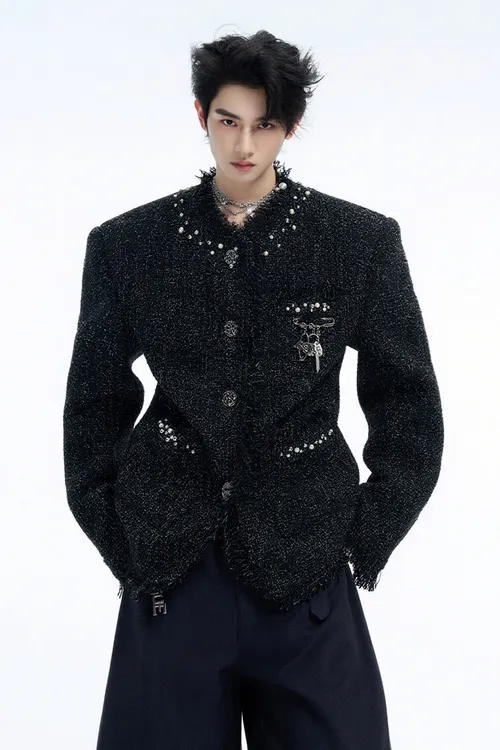 重工小众珍珠点缀小香风夹克秋冬轻奢高级贵气短款细闪肌理外套