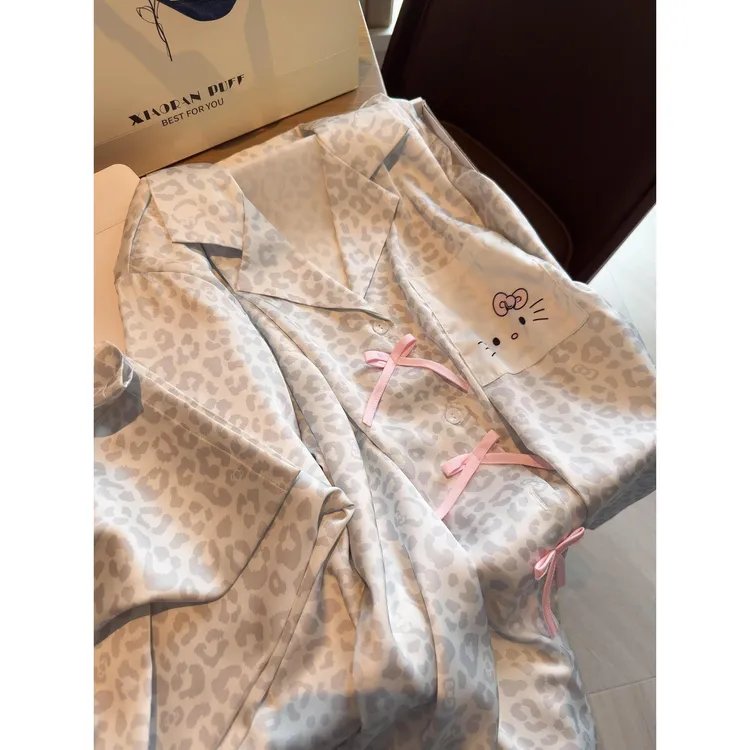 轻奢风豹纹蝴蝶结冰丝开衫睡衣女秋款亲肤大码长袖长裤家居服套装