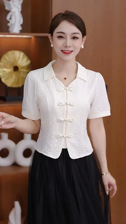 2025夏季新款法式POLO领中国风盘扣上衣女甜美洋气ins短款衬衫潮