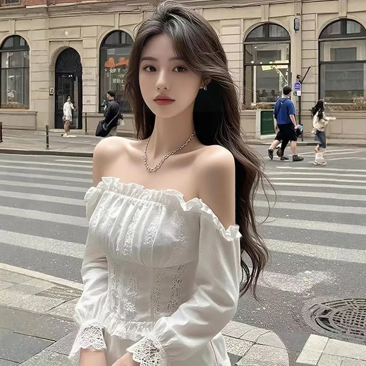 法式网纱花边褶皱雪纺衬衫春秋女款辣妹风别致露肩镂空一字领上衣