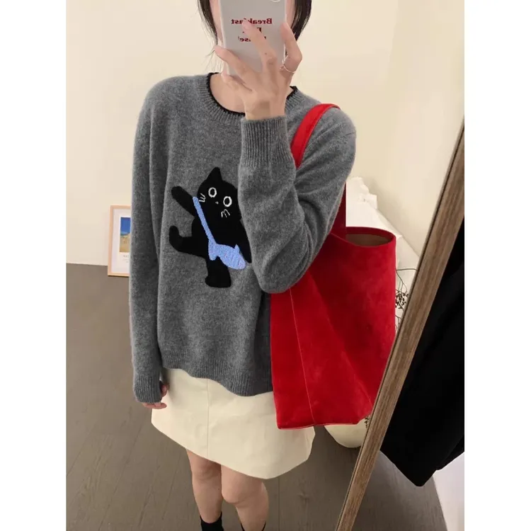 设计感秋冬新款韩系套头毛衣女猫咪百搭休闲保暖内搭针织衫上衣