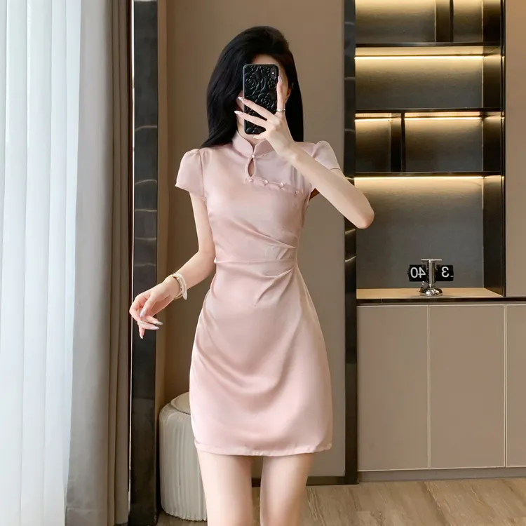 新中式粉色改良旗袍裙夏季新款小个子国风复古气质收腰提花连衣裙