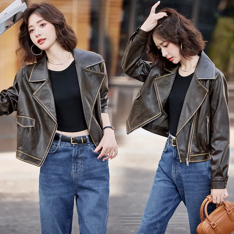 2025秋季设计感复古机车皮夹克港风复古咖色女士学院风皮衣短款