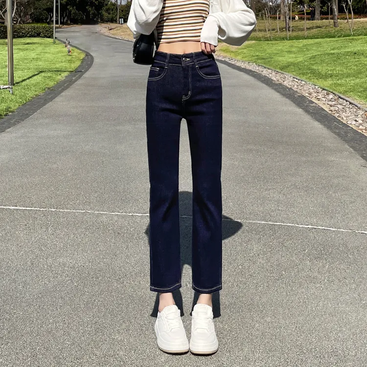 【热销】防掉色丹宁蓝直筒牛仔裤女2025新款深蓝原色夏天高腰烟管裤