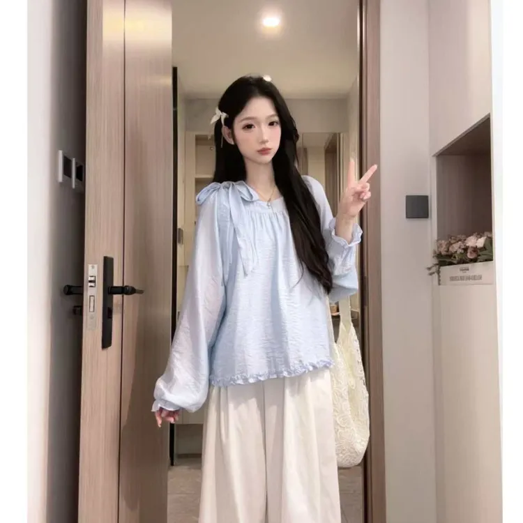 2025长袖秋季新款甜美系带蝴蝶结下摆木耳边韩系百搭减龄小衫上衣