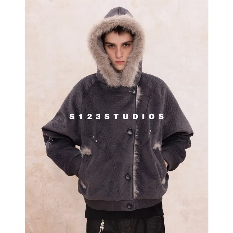 国潮牌复古座山雕剪裁解构设计夹克刺绣印花宽松加厚外套男